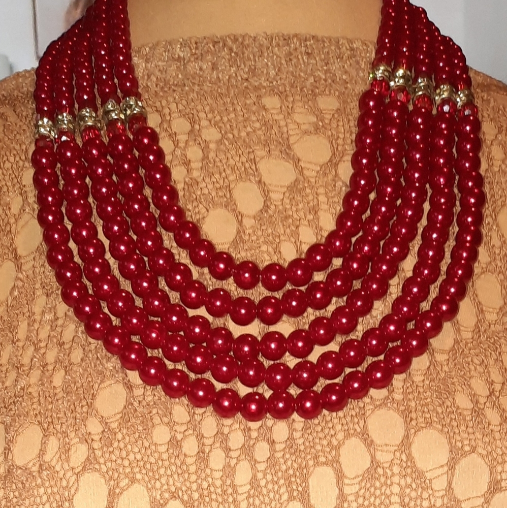 Statement Bright Beaded Red Layered Necklace Mult… - image 4